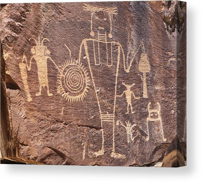 Petroglyph; Landmarks; American Landmarks; Historic; Best Sellers; Digital Art; Nature; Rustic; Scenic; Petroglyphs; Ancient; Utah; Freemont; Freemont People; Historic; History; Native American; Indian; Rock Art; Desert; Southwest; West; Wall Canvas Print featuring the photograph Freemont Culture Petroglyphs by Melany Sarafis