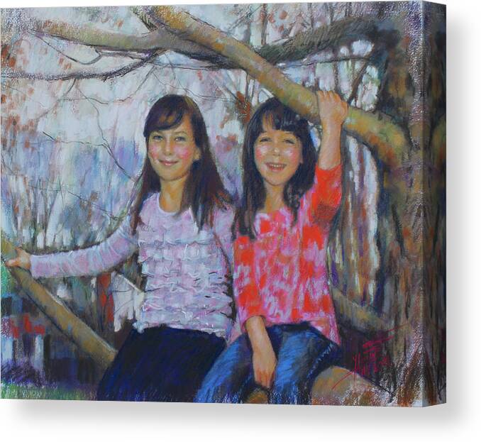 Girls Canvas Print featuring the drawing Girls upon the Tree by Viola El