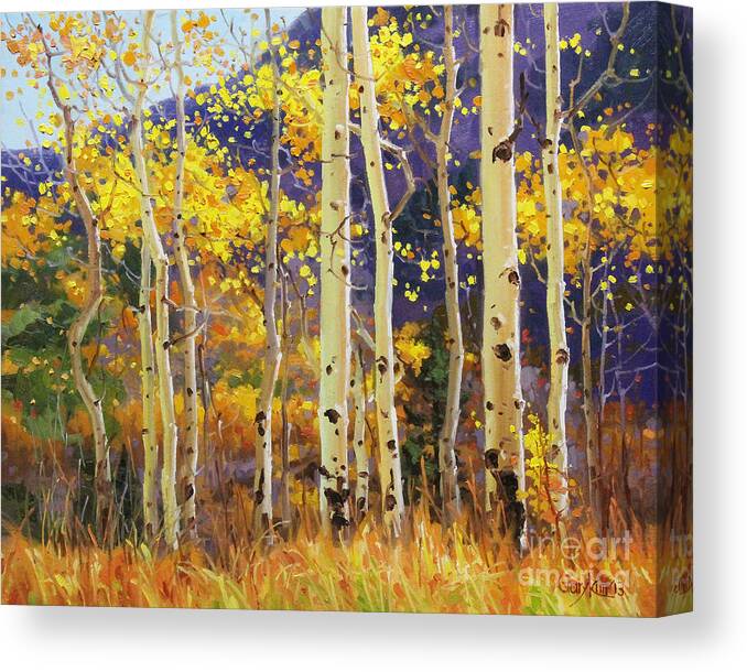 Aspen Trees Birch Trees Gary Kim Oil Print Art Print Woods Fall Trees Autumn Season Panorama Sunset Beautiful Beauty Yellow Red Orange Fall Leaves Foliage Autumn Leaf Color Mountain Oil Painting Original Art Horizontal Landscape National Park America Morning Nature Wallpaper Outdoor Panoramic Peaceful Scenic Sky Sun Time Travel Vacation View Season Bright Autumn National Park South America Clouds Cloudy Landscape Mist Misty Natural Peak Peaks New Painting Oil Original Vibrant Texture Reflections Canvas Print featuring the painting Golden Aspen w. Mystical Purple by Gary Kim