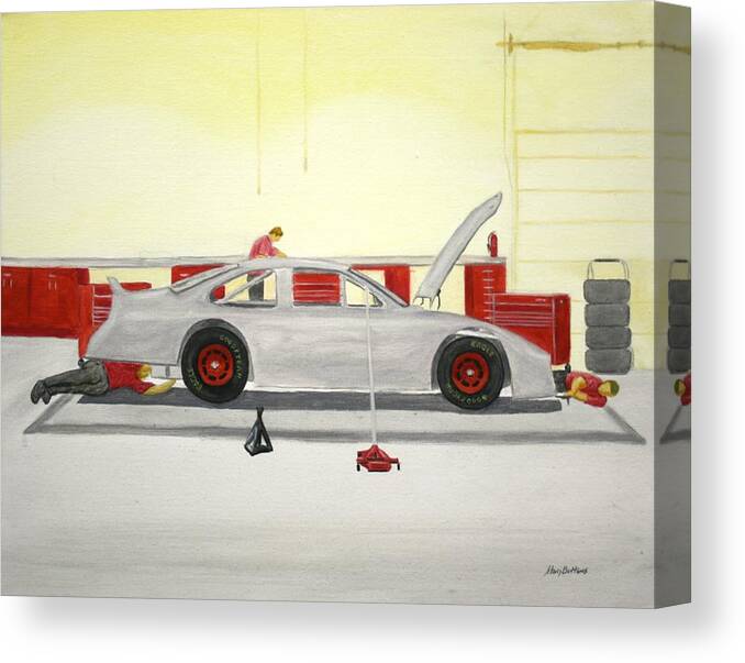 Racing Canvas Print featuring the painting Guys Back at the Shop by Stacy C Bottoms