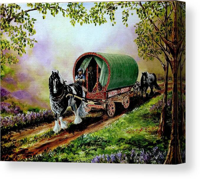 Gypsy Vanner Vanners Gypsys Road Path Lane Irish Ireland Landscape Sunny Trees Forest Medow Wagon Caravan Cart Pony Pinto Paint Misty Fog Canvas Print featuring the painting Gypsy Road by Ruann Sion Shadd aDannl