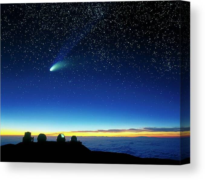 Astronomy Canvas Print featuring the photograph Hale-bopp Comet And Telescope Domes by David Nunuk