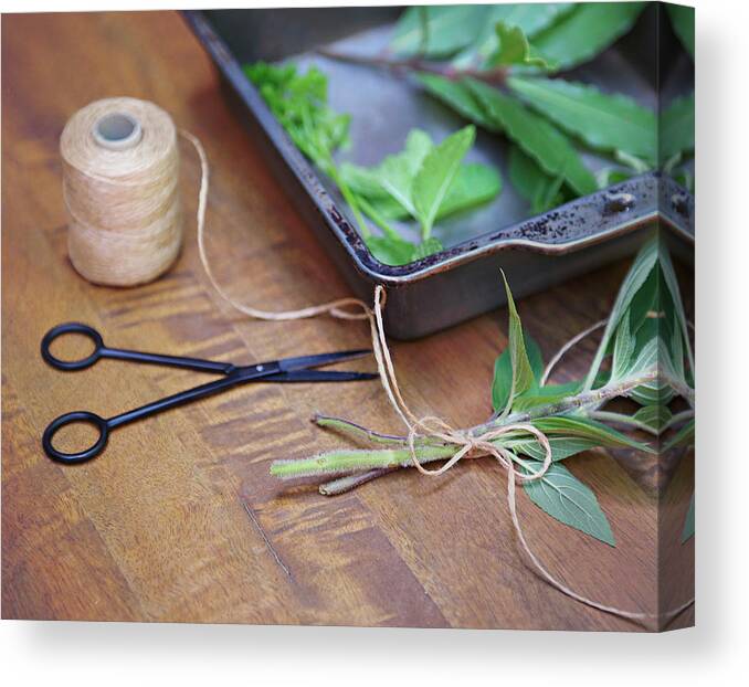 Wood Canvas Print featuring the photograph Herbs And String by Sharon Lapkin