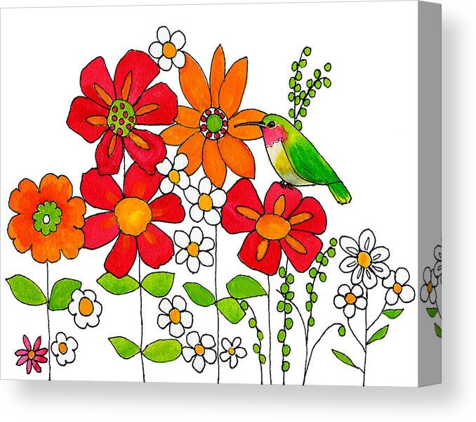 Hummingbirds Canvas Print featuring the painting Hummingbird and Flowers by Blenda Studio