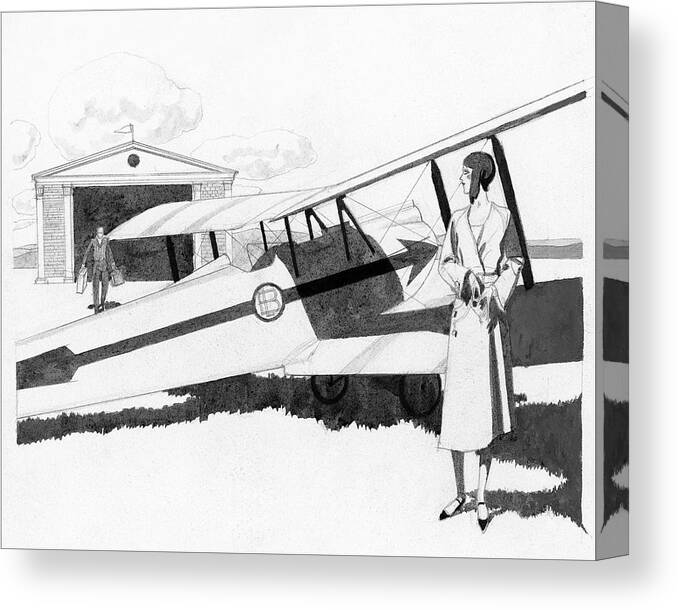 Aviation Canvas Print featuring the digital art Illustration Of A Woman Standing Next To A Biplane by Pierre Mourgue