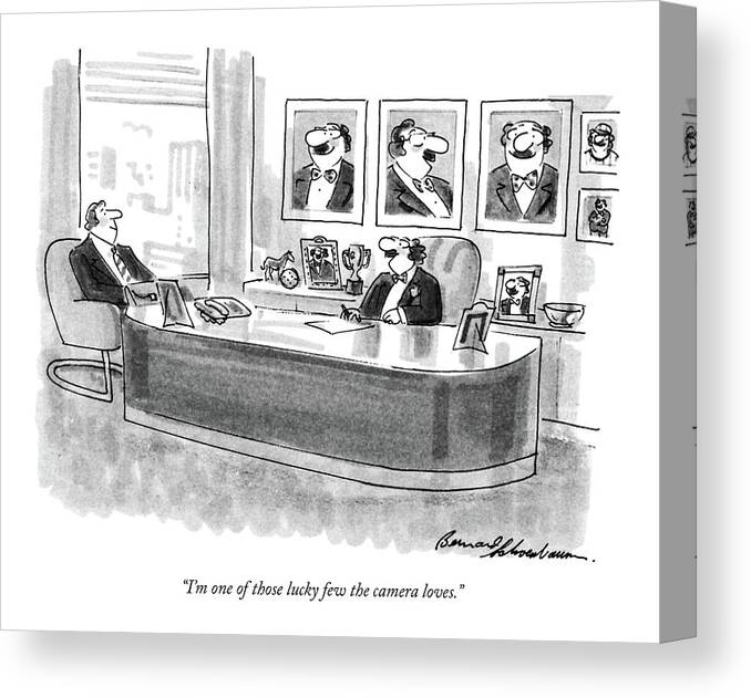 

 Business Man To Client As He Sits Behind Large Desk And In Front Of A Wall Of Photographs Of Himself. - 
Photography Canvas Print featuring the drawing I'm One Of Those Lucky Few The Camera Loves by Bernard Schoenbaum