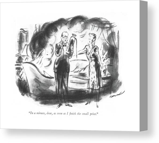 111411 Ldv Leonard Dove Husband To Wife With A Fire Blazing Behind Them. Behind Blazing Burn Burning Burns Emergencies Emergency Extinguisher ?ne ?re ?res Hold Husband Read Reading Relationships Them Wait Waiting Wife Canvas Print featuring the drawing In A Minute by Leonard Dove