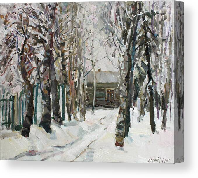 Park Canvas Print featuring the painting In the snowy silence by Juliya Zhukova