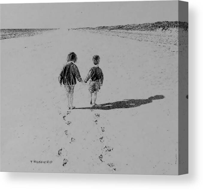 Beach Summer Child Boy Girl Sister Brother Siblings Cape Cod Sand Dunes Ocean Long Island Sound Canvas Print featuring the painting Journey by Tony Ruggiero