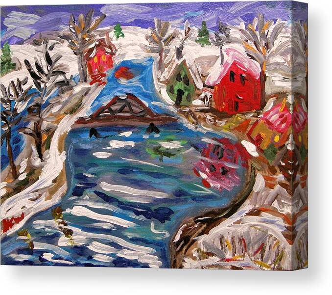 Snow Canvas Print featuring the painting Late Winter Canal-Mary's View by Mary Carol Williams