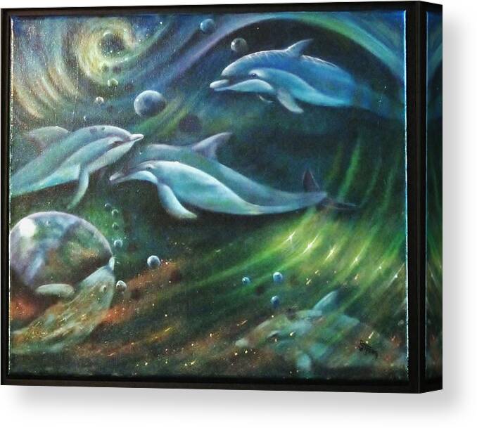 Dolphins Canvas Print featuring the painting Let's Play by Sherry Strong