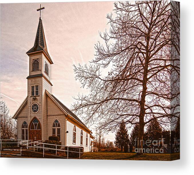 Architecture Canvas Print featuring the photograph Little White Church by Mary Jane Armstrong