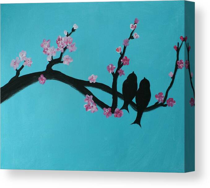 Love Canvas Print featuring the painting Love Birds on a Cherry Blossom by Alma Yamazaki