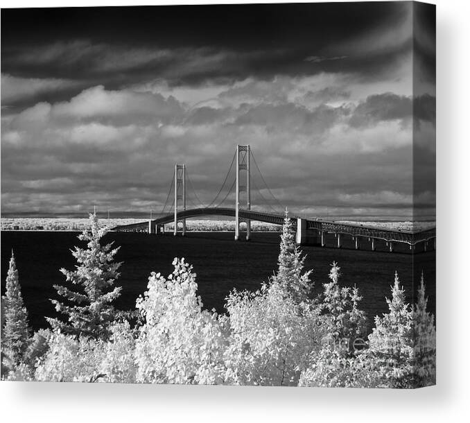 Infrared Canvas Print featuring the photograph Macinac Bridge - Infrared by Larry Carr