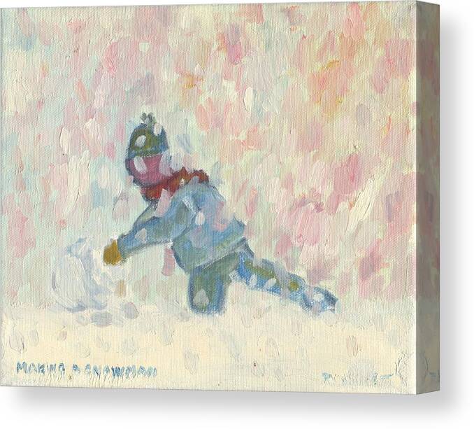 Snowman Canvas Print featuring the painting Making a Snowman by David Dossett