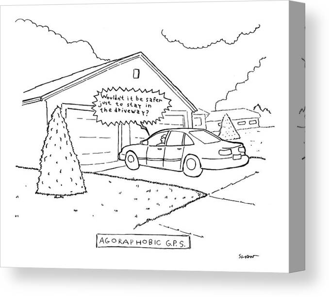 Captionless. Title:  G.p.s. Speech Bubble: Canvas Print featuring the drawing Man Sitting In His Car In The Driveway by Michael Shaw