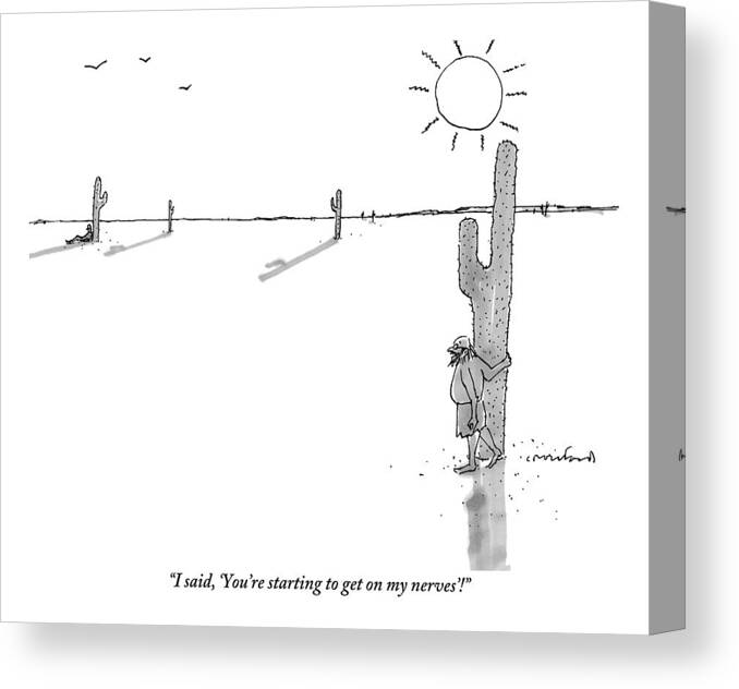 Deserts Canvas Print featuring the drawing Man Stranded In Desert Next To Cactus Shouts by Michael Crawford