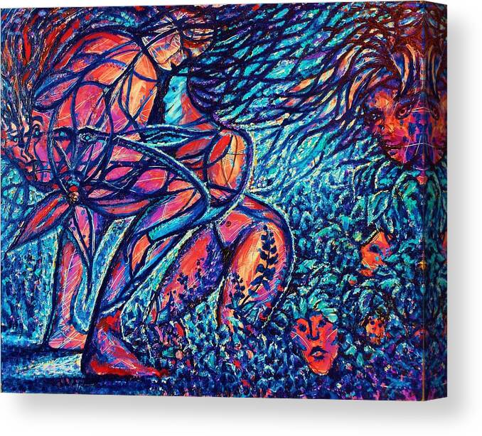 Fantasy Surealism People Bodyparts Figures Multiplicity Intwinement Lies Pretend Hidden Hearts Duality Forest Savage Leaves Trees Limbs Faces P[ortraits Canvas Print featuring the painting Masquerade Hidden Hearts by Joseph Ruff