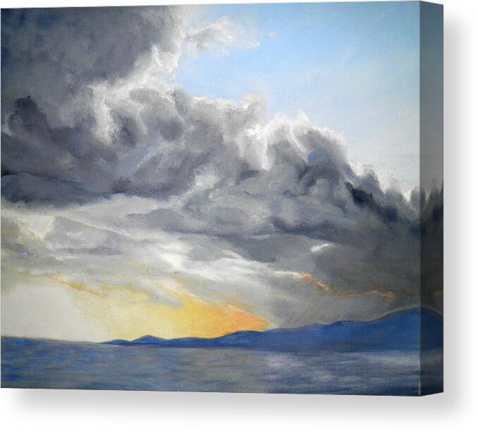 Mighty Clouds Dark Light Sunset Water Mountains Blue Grey White Yellow Sky Storm Canvas Print featuring the painting Mighty Clouds by Ida Eriksen