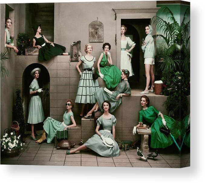 Accessories Canvas Print featuring the photograph Models In Various Green Dresses by Frances Mclaughlin-Gill