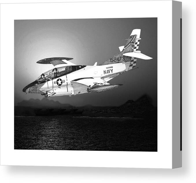 Aviation Art Of The North American T-2c Buckeye Canvas Print featuring the drawing Moonlight Buckeye T 2C training mission by Jack Pumphrey
