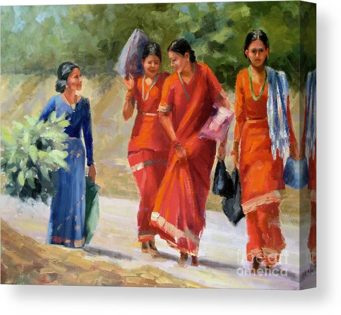 Nepal Canvas Print featuring the painting Morning Shopping by Wendy Gordin