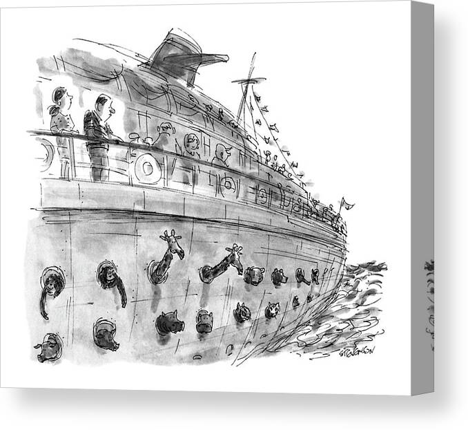 (a Passenger On A Pleasure Cruise Looks Down And Sees Animals Popping Their Heads Out Of Portholes Canvas Print featuring the drawing New Yorker December 24th, 1990 by James Stevenson