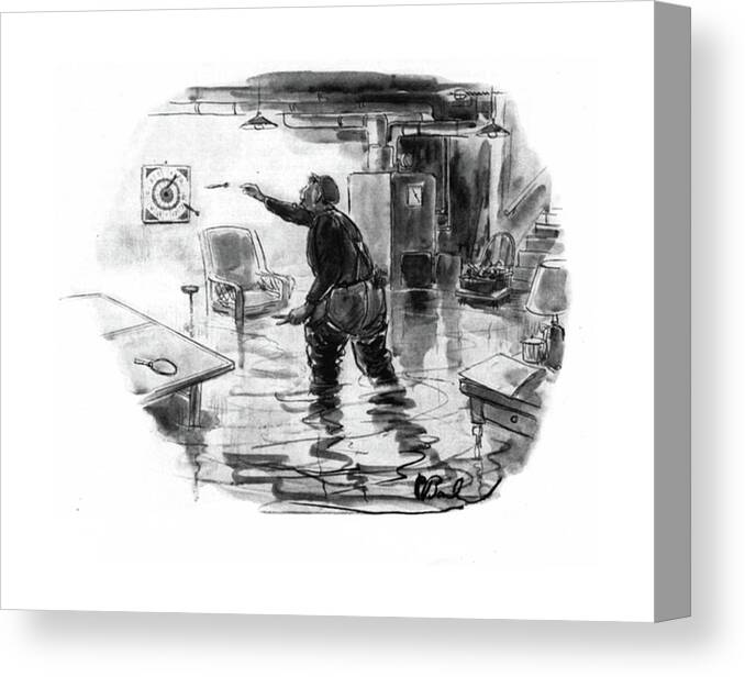 111504 Pba Perry Barlow Plumber In Flooded Cellar Rumpus Room Is Playing A Game Of Darts. Cellar-rumpus Darts Distraction Emergency Ethic ?ood Game Games Job Playing Plumber Procrastinate Procrastination Repair Repairman Room Task Unsupervised Water Work Canvas Print featuring the drawing New Yorker November 1st, 1941 by Perry Barlow