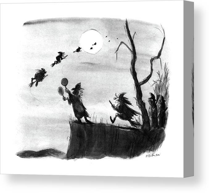 85719 Jst James Stevenson (as Witches Fly Across The Sky On Their Brooms Canvas Print featuring the drawing New Yorker November 4th, 1985 by James Stevenson