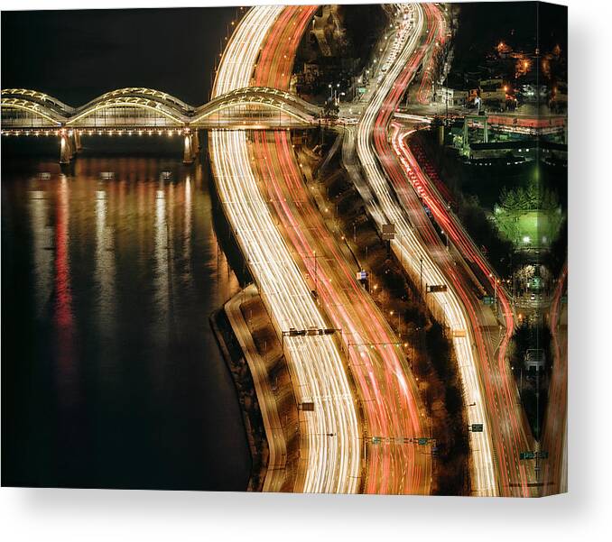 Curve Canvas Print featuring the photograph Night Traffic Flow From Above by Georgeclerk