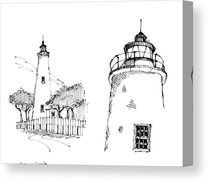 Ocracoke Island Canvas Print featuring the drawing Ocaracoke Lighthouse Detail Sketches 1992 by Richard Wambach