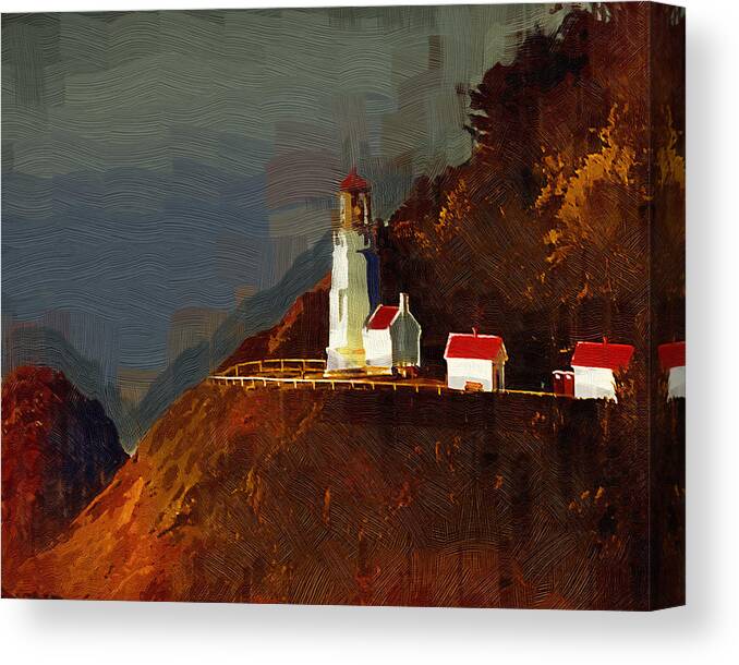 Lighthouse Canvas Print featuring the painting On The Bluff by Kirt Tisdale