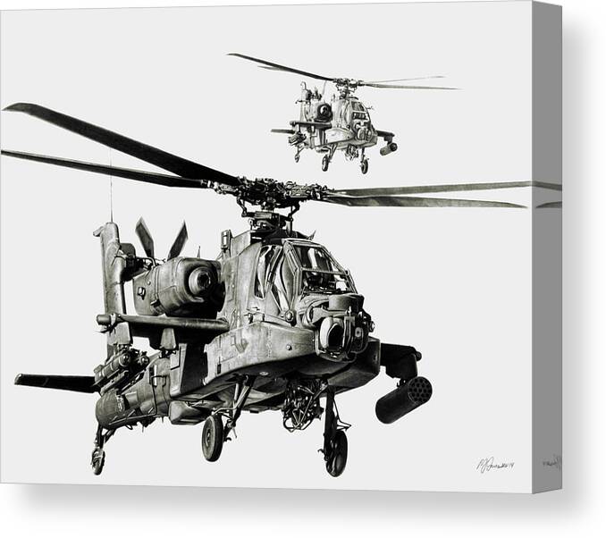 Attack Helicopter Canvas Print featuring the drawing On The Way by Murray Jones