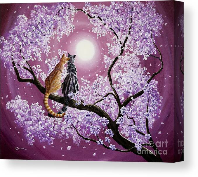 Grey Canvas Print featuring the painting Orange and Gray Tabby Cats in Cherry Blossoms by Laura Iverson