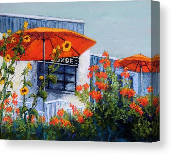 Orange Umbrellas Canvas Print featuring the pastel Orange Umbrellas by Candy Mayer