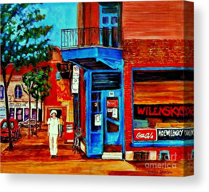 Montreal Canvas Print featuring the painting Paintings Of Montreal Memories Moe Wilenskys Famous Corner Deli Montreal Spring City Scene by Carole Spandau