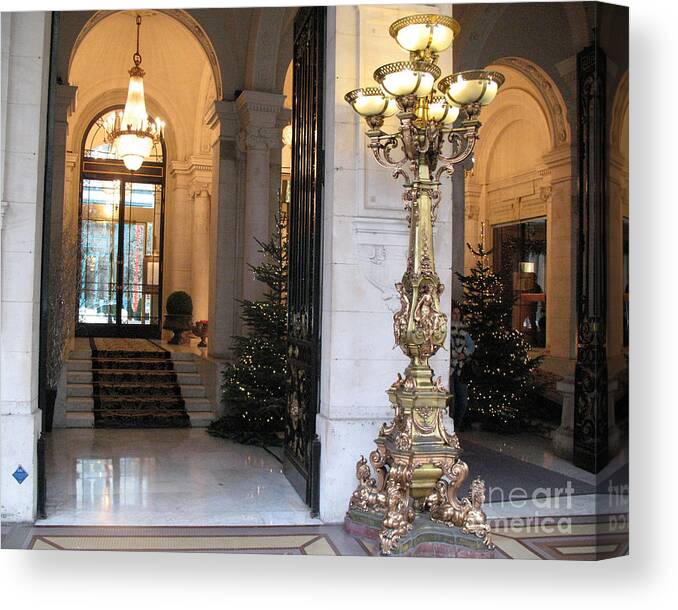 Paris Hotel Canvas Print featuring the photograph Paris Hotel Lanterns- Paris Hotel Architecture Interior Chandelier Lanterns - Paris Holiday Decor by Kathy Fornal