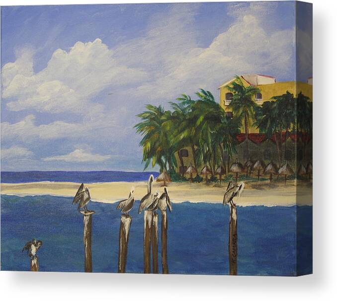 Seascape Canvas Print featuring the painting Pelican Perch by Kathie Camara