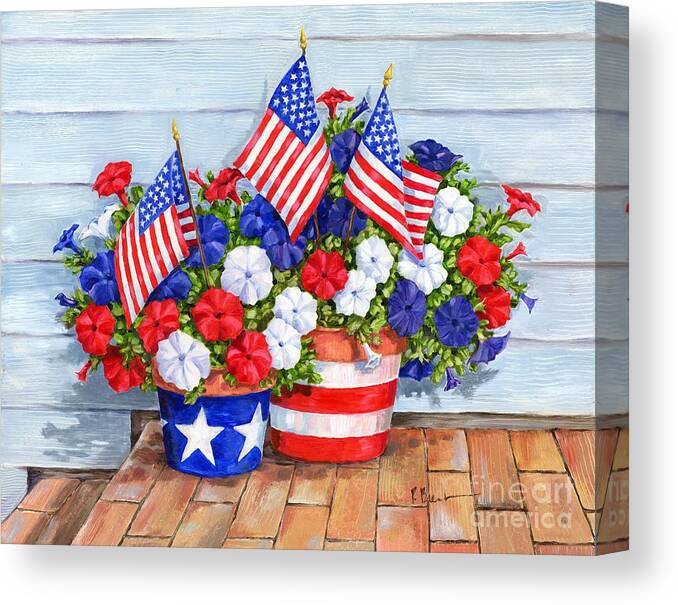 Patriotic Canvas Print featuring the painting Petunias and Flags by Paul Brent