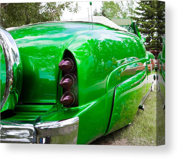 Custom Car Show Shine Classic Granum Alberta Canada Auto Automobile Chrome Hood Fender Bright Retro Green Poison Ivy Canvas Print featuring the photograph Poison Ivy green custom car by Mick Flynn