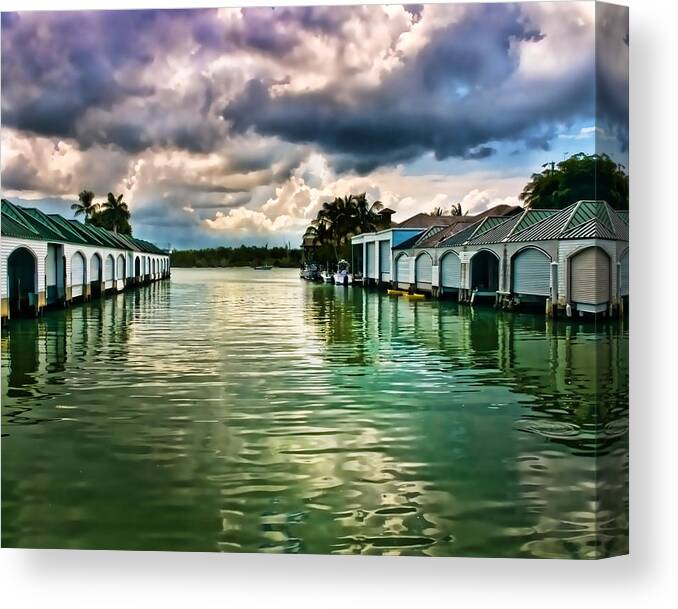 Port Royal Naples Florida Waterfront Canvas Print featuring the photograph Storm Clouds Over Port Royal Boathouses in Naples by Ginger Wakem