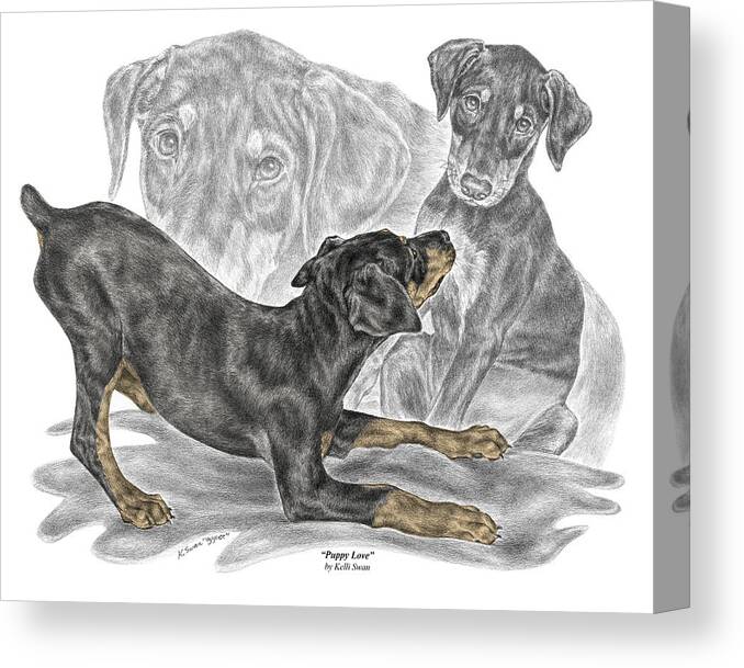 Black And Tan Doberman Canvas Print featuring the drawing Puppy Love - Doberman Pinscher Pup - color tinted by Kelli Swan