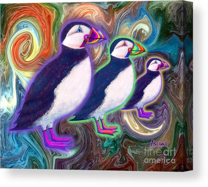 Puffins Canvas Print featuring the mixed media Purple Puffins by Teresa Ascone