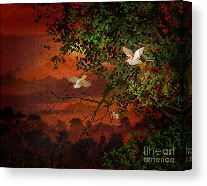 Red Canvas Print featuring the digital art Red Dawn Sparrows by Peter Awax