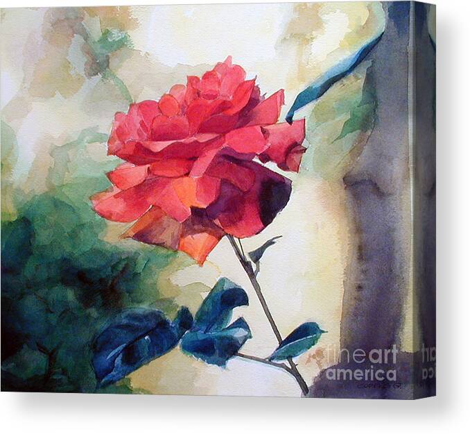 Red Rose Canvas Print featuring the painting Watercolor of a Single Red Rose on a Branch by Greta Corens