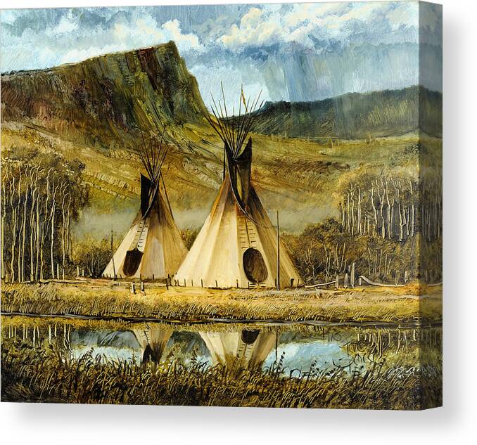 Indian Lodge Canvas Print featuring the painting Reflected Tipis by Steve Spencer