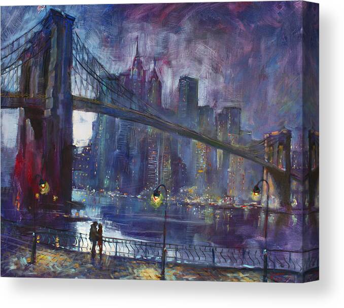 Brooklyn Bridge Canvas Print featuring the painting Romance by East River NYC by Ylli Haruni