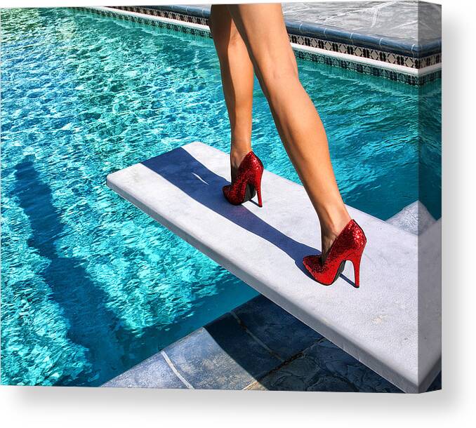 Featuredred Shoes Ruby Slippers High Heels Calves Legs Woman Women Female Model Sequins Ruby Slippers Dorothy Wizard Of Oz Oz Palm Springs Ca Southern California Pool Water Blue Swimming Pool Diving Board Tan Www.williamdey.com William Dey Photography William Dey Fashion Photography Fashion William Dey Palm Springs Life Fashion Palm Springs Fashion Desert Sun Fashion Outlook Stance Run Jump Sexy Desert Sun Palm Springs Archangel Gallery Featured Canvas Print featuring the photograph RUBY HEELS Ready for take-off Palm Springs by William Dey