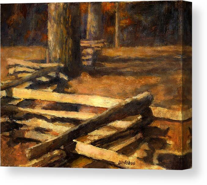 Rustic Log Fence Canvas Print featuring the painting Rustic Fence by Roger Lundskow
