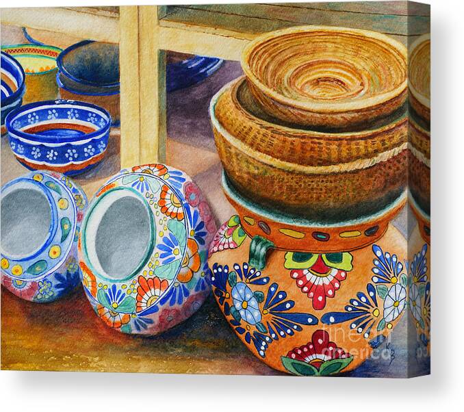 Pots Canvas Print featuring the painting Southwestern Pots and Baskets by Karen Fleschler